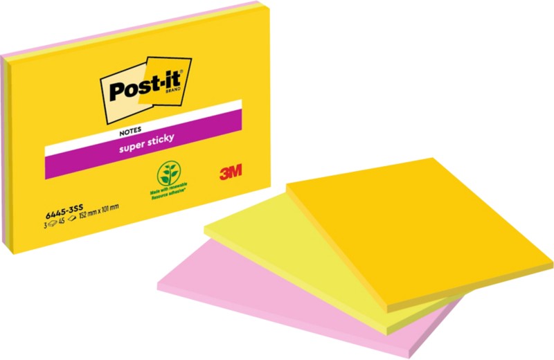 Post-it Super Sticky Haftnotizen 152 x 101 mm Farbig Sortiert Packung mit 3 Blöcken à 45 Blatt