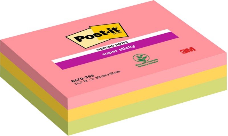 Post-it Super Sticky Haftnotizen 203 x 152 mm Farbig Sortiert Packung mit 3 Blöcken à 70 Blatt