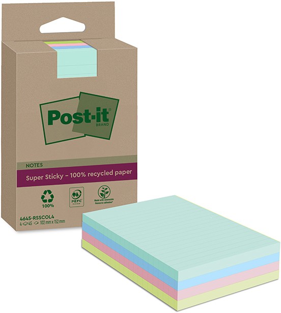 Post-it Super Sticky Haftnotizen Farbig Sortiert 102 x 152 mm Packung mit 4 Blöcken à 45 Blatt