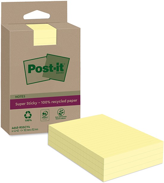 Post-it Super Sticky Recycelte Haftnotizen Kanariengelb Liniert 102 x 152 mm Packung mit 4 Blöcken à 45 Blatt