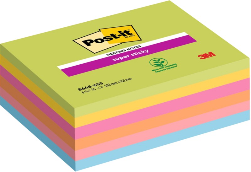 Post-it Super Sticky Haftnotizen 203 x 153 mm Farbig Sortiert Packung mit 6 Blöcken à 45 Blatt