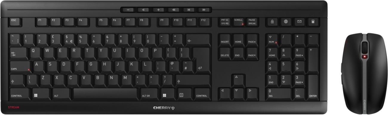 Cherry Stream Desktop Recharge Premium Keyboard And Mouse Wireless Qwerty Quiet Keystrokes Flat Keys Battery-Operated Black Jd-8560Gb-2