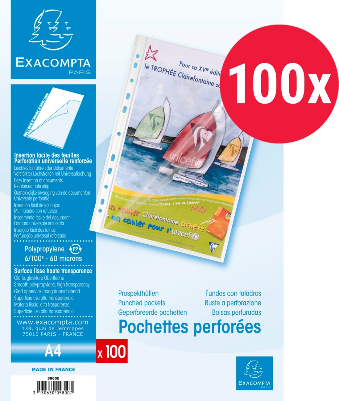 Exacompta Klarsichthüllen DIN A4 Glatt Transparent PP (Polypropylen) Öffnung oben und links 5800E 100 Stück