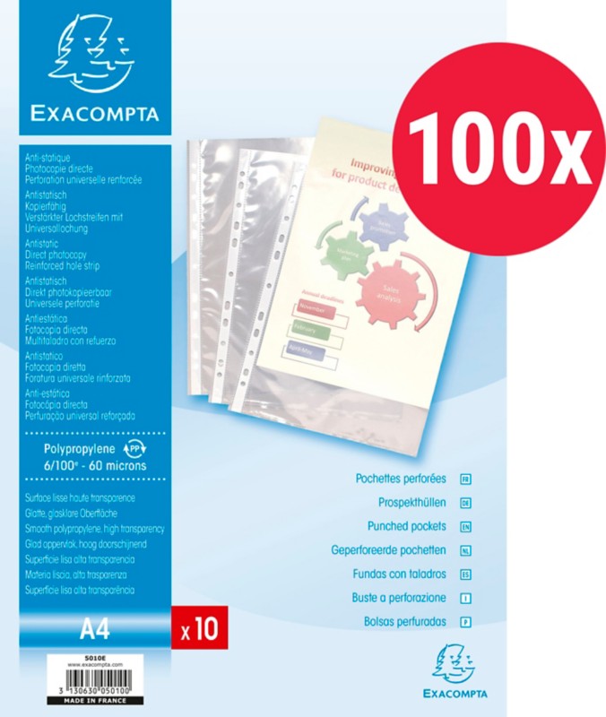 Thumbnail - Exacompta Klarsichthüllen Glatt Transparent 11 Löcher 5010E 100 Stück
