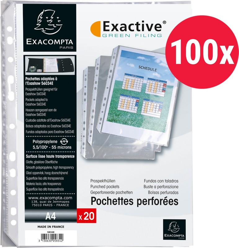 Exacompta Exactive Prospekthülle DIN A4 Glatt Transparent PP (Polypropylen) Öffnung oben 5834E 100 Stück