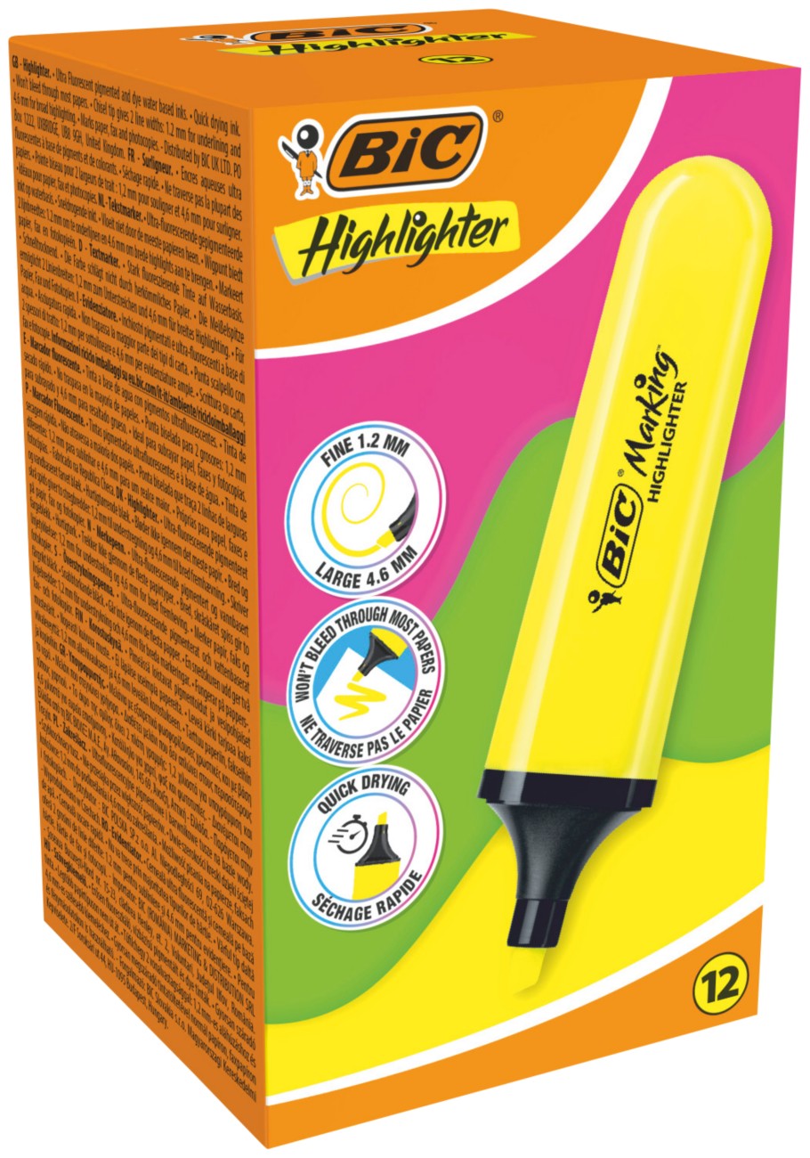 Bic Highlighters 517962 Highlighter Yellow Chisel - 4.6 Mm Non Refillable Pack Of 12