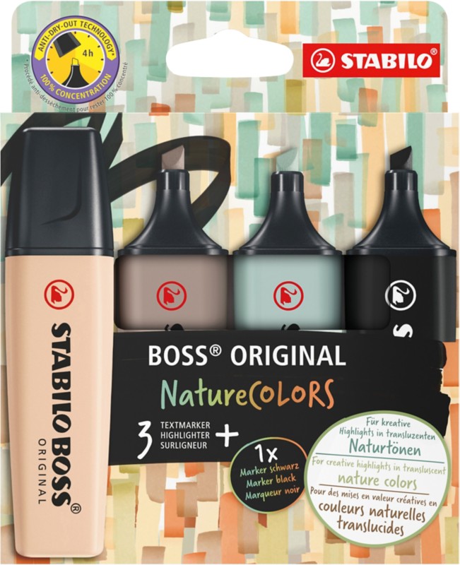 STABILO BOSS ORIGINAL Textmarker Schwarz, Erdgrün, Beige, Warmgrau Breite Keilspitze 4 Stück