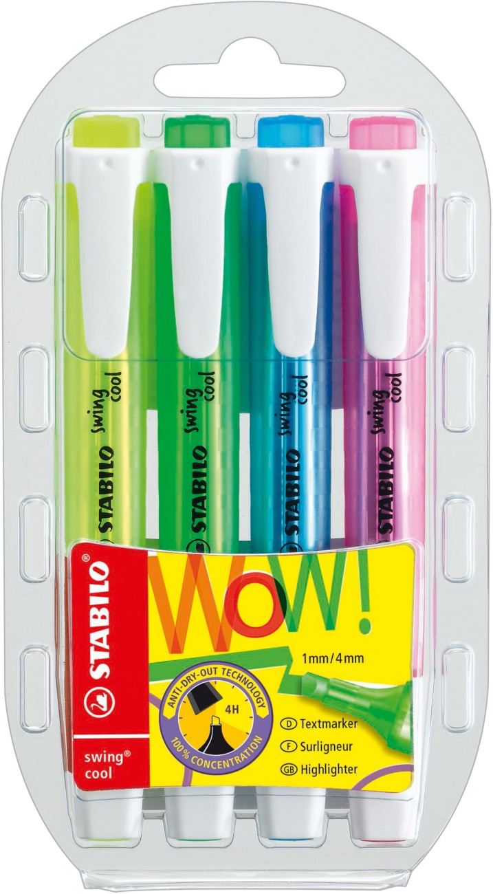 STABILO Swing Cool 275/4 Textmarker Farbig sortiert Breit Keilspitze 4 Stück