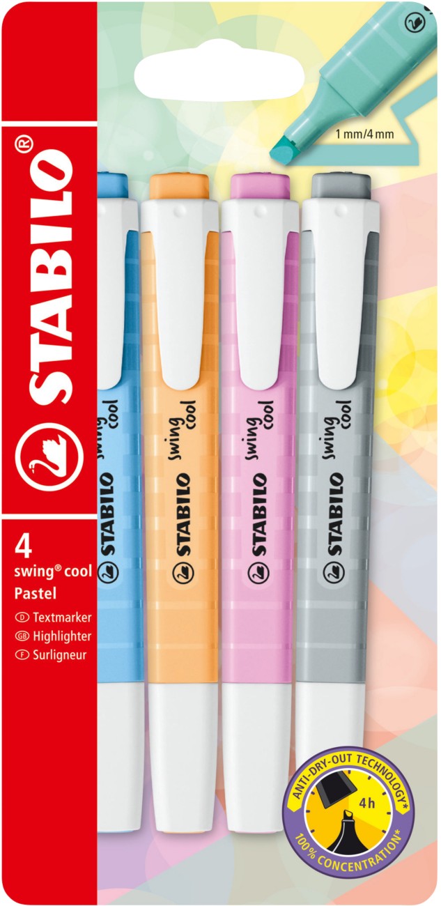 STABILO Swing Cool 275/4-08-2 Textmarker Farbig sortiert Breit Keilspitze 4 Stück