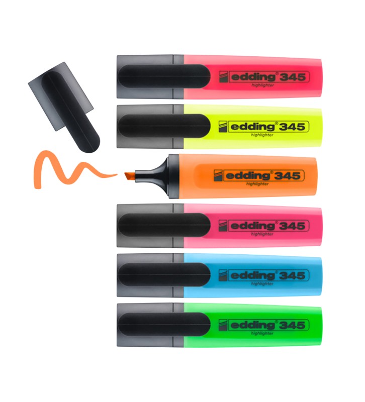edding 345 Textmarker Farbig sortiert Breit Keilspitze 2 - 5 mm Nachfüllbar 6 Stück