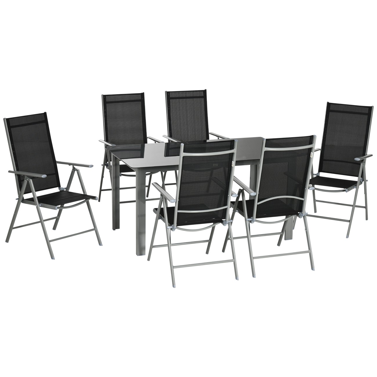 Rackhams Black 7 Piece Garden Dining Set, Outdoor Table And 6 Folding And Reclining Chairs, Aluminium Frame, Tempered Glass Top Table, Texteline Seats, - Image 9