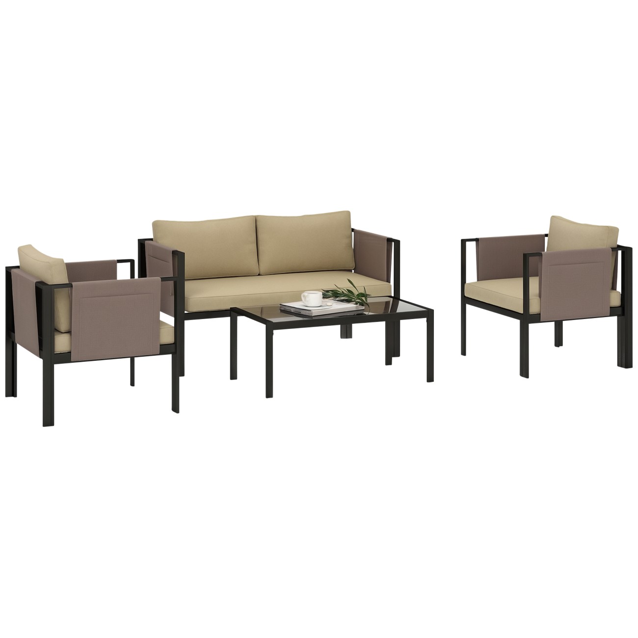 Outsunny Chair Table Set Steel, Pl (Polyester), Sponge, Texteline, Tempered Glass Khaki Outdoor