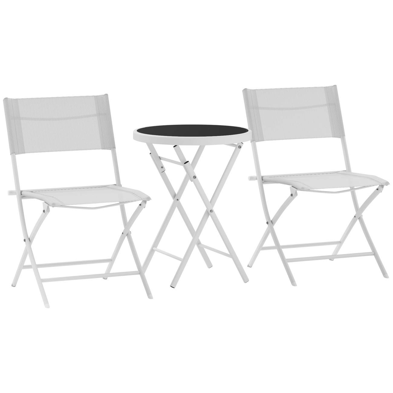 Outsunny 3 Pieces Outdoor Bistro Set Glass Top Table 2 Folding Chairs White | Garden Furniture Set,Protecting Feet, Metal Frame, Easy Clean - Image 9