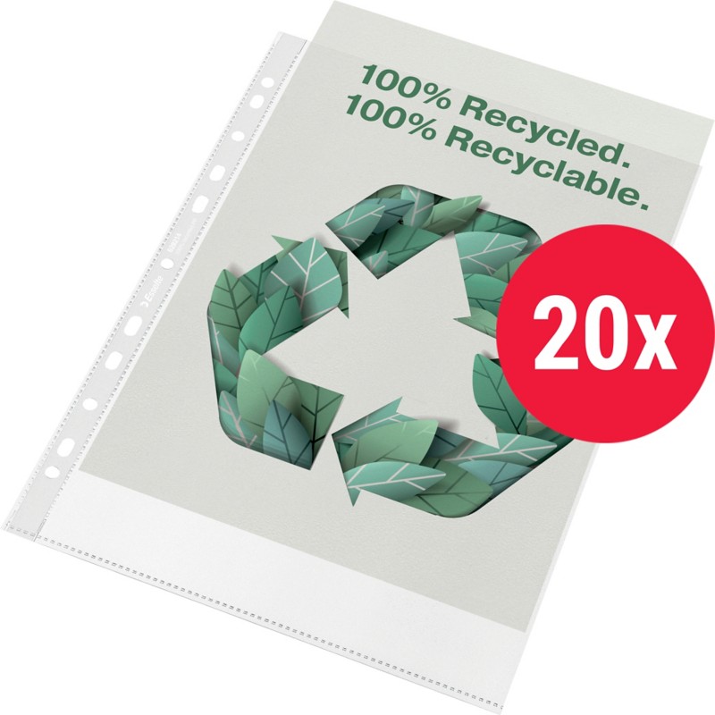 Esselte 100% Recycelte Klarsichthüllen DIN A4 Genarbt Transparent 70 Mikron Polypropylen 11 Löcher 628214 20 Stück