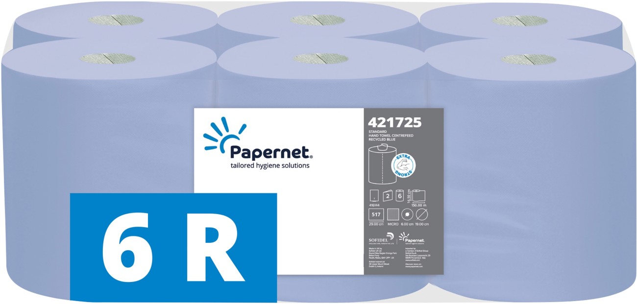 6 Rolls Papernet 421725 2-Ply Blue 165cm x 150m Centrefeed Paper Hand Towel - Image 3