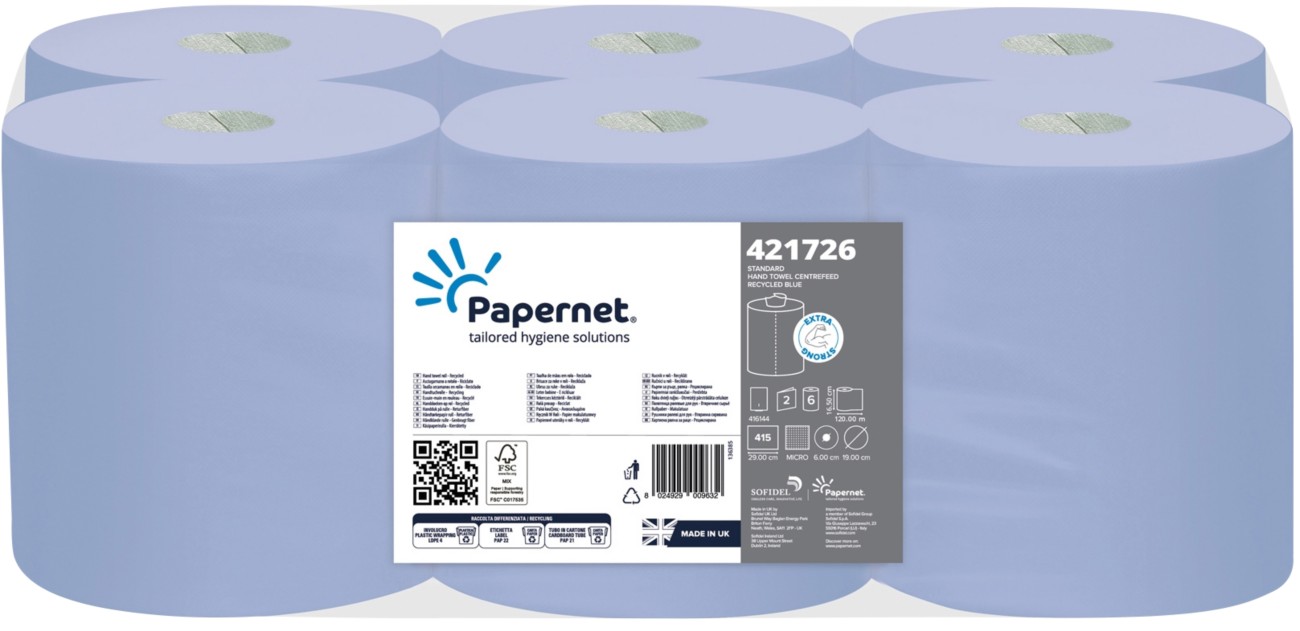 Papernet Standard Paper Hand Towels Centrefeed Rolled Blue 2 Ply 120 M 421726 415 Sheets Pack Of 6