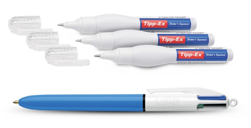 Tipp-Ex Shake 'n Squeeze Korrekturstift Weiß 8 ml 3 Stück + BIC 4 Farben Kugelschreiber gratis