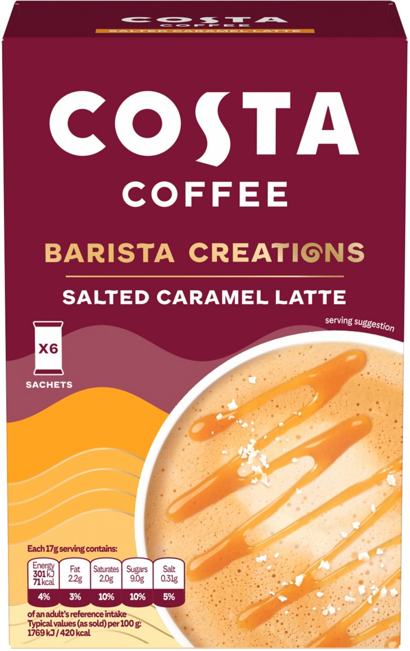 Costa Coffee Barista Creations Instant Coffee Sachets Latte Salted Caramel 17 G Pack Of 6