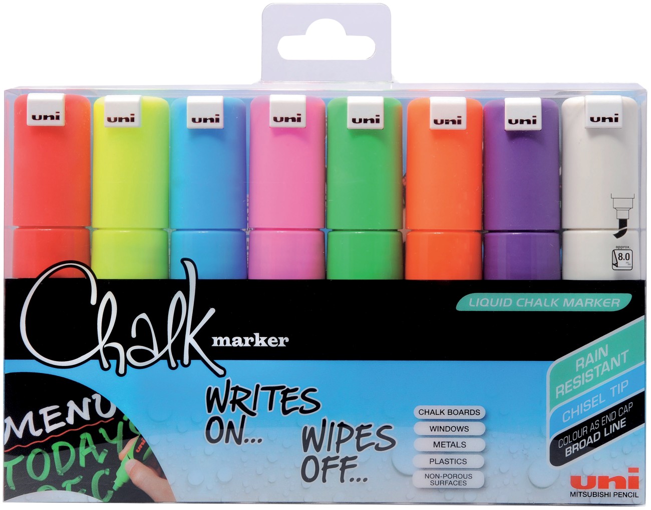 Uni-Ball Pwe-8K Chalk Marker Broad Chisel Assorted Pack Of 8