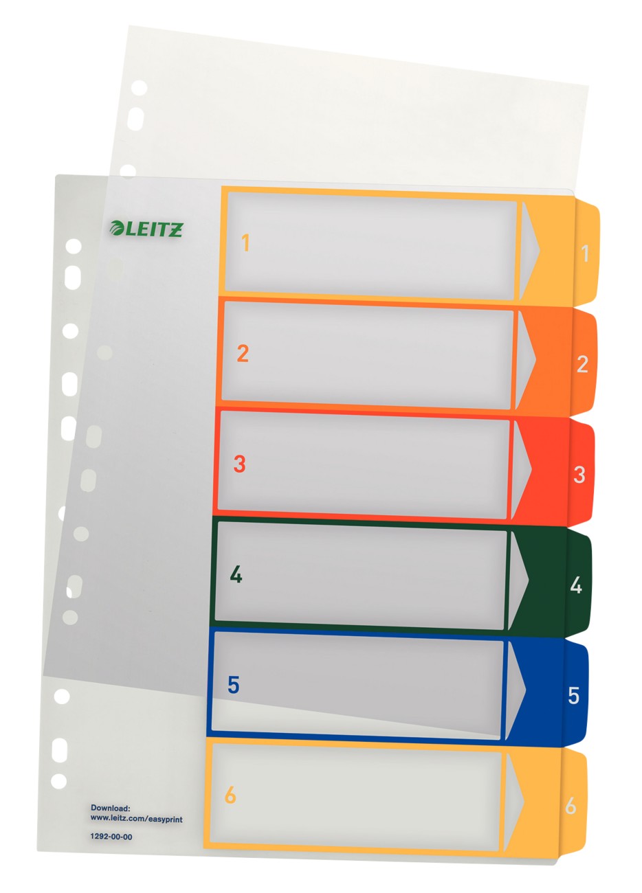 Leitz PC-beschriftbares Register 1292 DIN A4 Maxi Mehrfarbig 6-teilig 11 Löcher Polypropylen 1 bis 6
