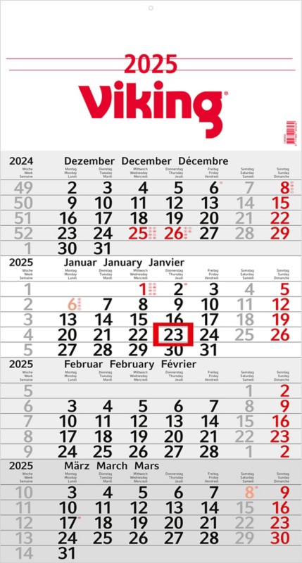 Viking Kalender 2025 Deutsch<multisep/>Englisch<multisep/>Französisch 30 (B) x 56 (H) cm Weiß