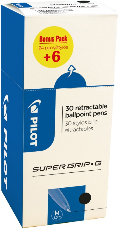 Pilot Super Grip G Retractable Ballpoint Medium Line Pen Tip 1.0 mm, Black, Blue, Red, Green