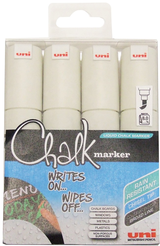 Uni-Ball Pwe-8K Chalk Marker Broad Chisel White Pack Of 4
