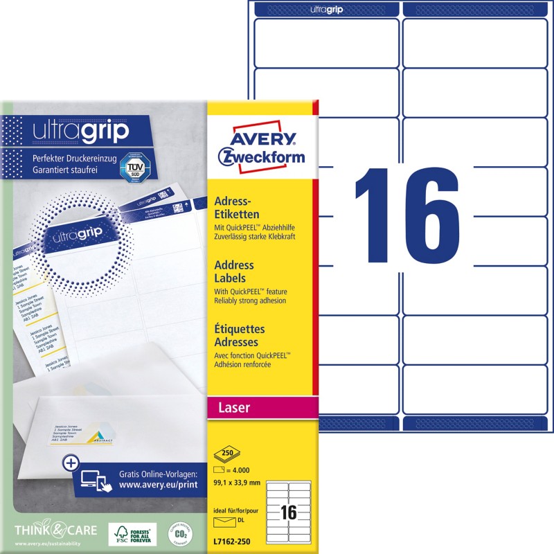 AVERY Zweckform Abziehhilfe QuickPEEL,ultragrip Adressetiketten L7162-250 Selbsthaftend DIN A4 Weiß 99,1 x 33,9 mm 250 B...