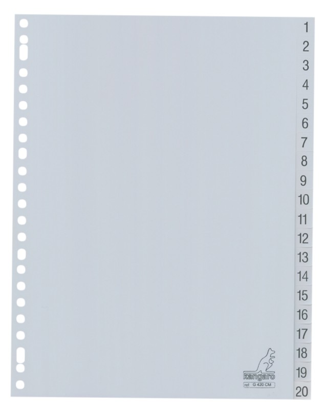 KANGARO 1 bis 20 Zahlenregister DIN A4 Grau 20-teilig PP (Polypropylene) 23 Löcher G420CM