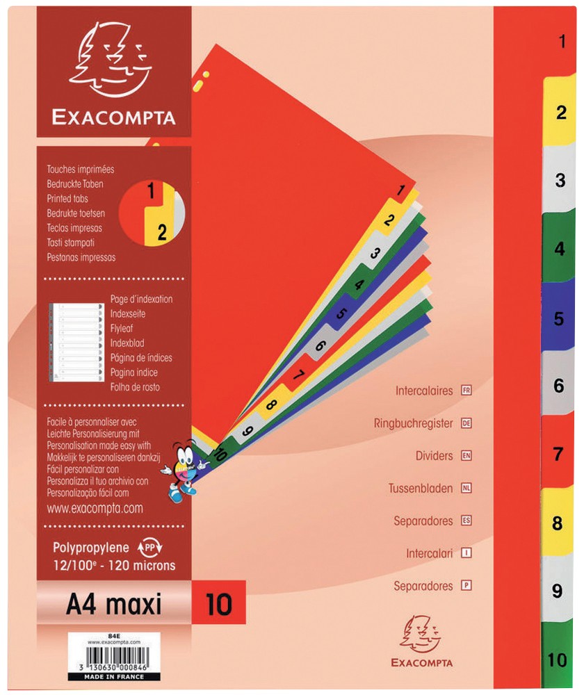 Exacompta 1 To 10 Numerical Dividers A4+ Assorted 10 Part Pp (Polypropylene) 11 Holes 84E