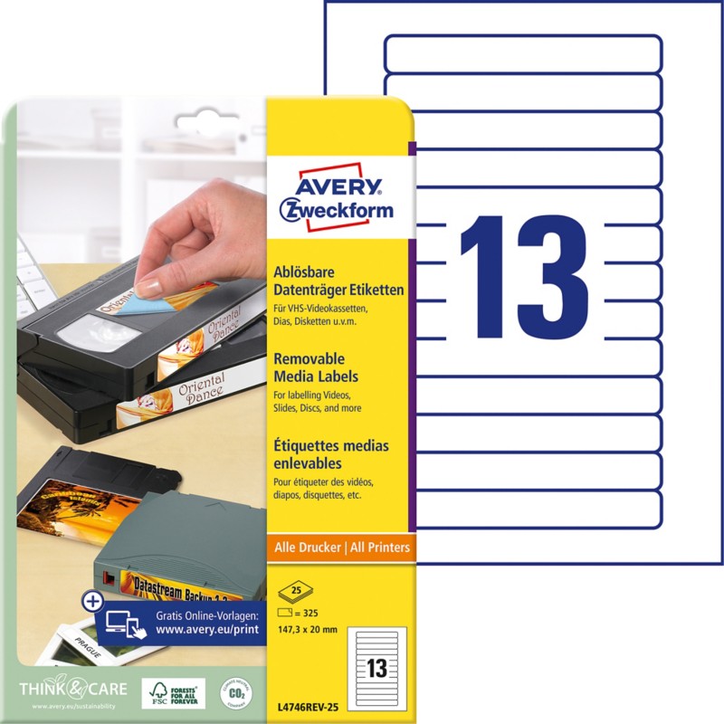Thumbnail - AVERY Zweckform Ablösbar CD/DVD Etiketten L4746REV-25 haftend DIN A4 Weiß 147,3 x 20 mm 25 Blatt à 13 Etiketten