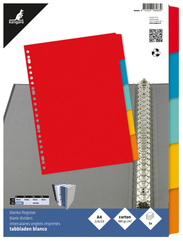 KANGARO Blanko Register DIN A4 Farbig sortiert 5-teilig 180 g/m² Pappkarton 23 Löcher PE405M