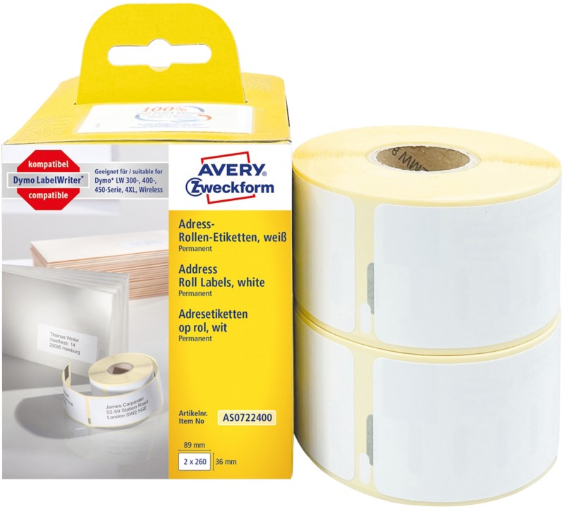 AVERY Zweckform AS0722400 Adressetiketten Selbsthaftend Weiß 36 x 89 mm 2 Rolle à 260 Etiketten