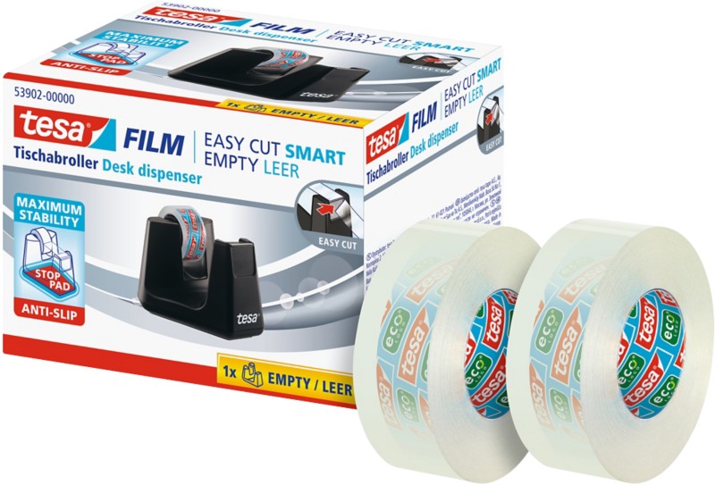 tesa Klebebandabroller tesafilm Easy Cut SMART Schwarz 19 mm (B) x 33 m (L) Kunststoff Recycelt 100%