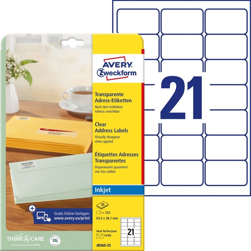 AVERY Zweckform Abziehhilfe QuickPEEL Adressetiketten J8560-25 Selbsthaftend DIN A4 Transparent 63,5 x 38,1 mm 25 Blatt ...