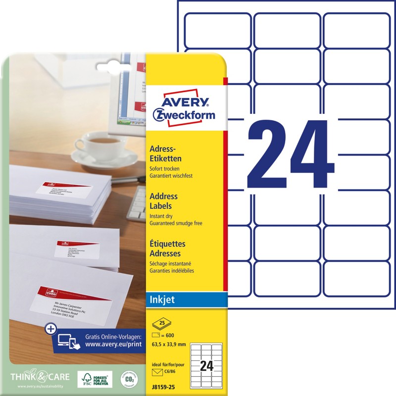 AVERY Zweckform Adressetiketten J8159-25 Selbsthaftend DIN A4 Weiß 63,5 x 33,9 mm 25 Blatt à 24 Etiketten