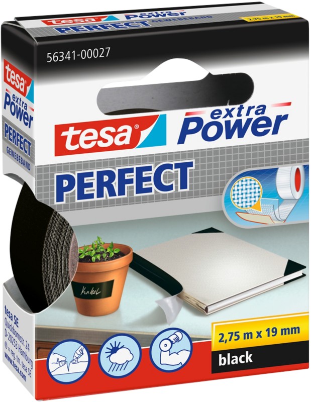 Thumbnail - tesa Klebeband extra Power Perfect Schwarz 19 mm (B) x 2,75 m (L) Kunststoff, Zellwollgewebe