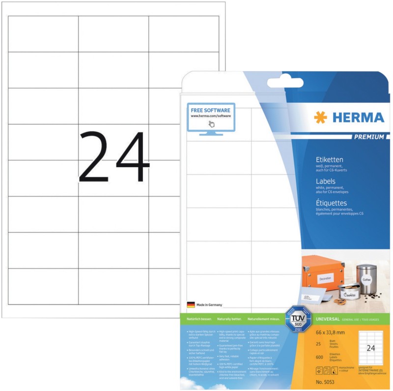 Thumbnail - HERMA Universaletiketten 5053 Weiß DIN A4 66 x 33,8 mm 25 Blatt à 24 Etiketten