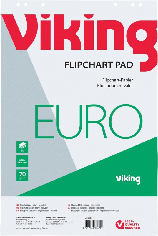 Viking Recycling Flipchart-Papier Blanko Euro 20 Seiten 70 g/m² 5 Stück à 20 Blatt