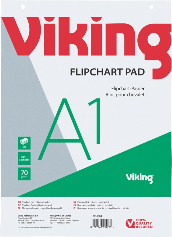 Viking Recycling Flipchart-Papier Blanko DIN A1 20 70 g/m² 5 Stück à 20 Blatt