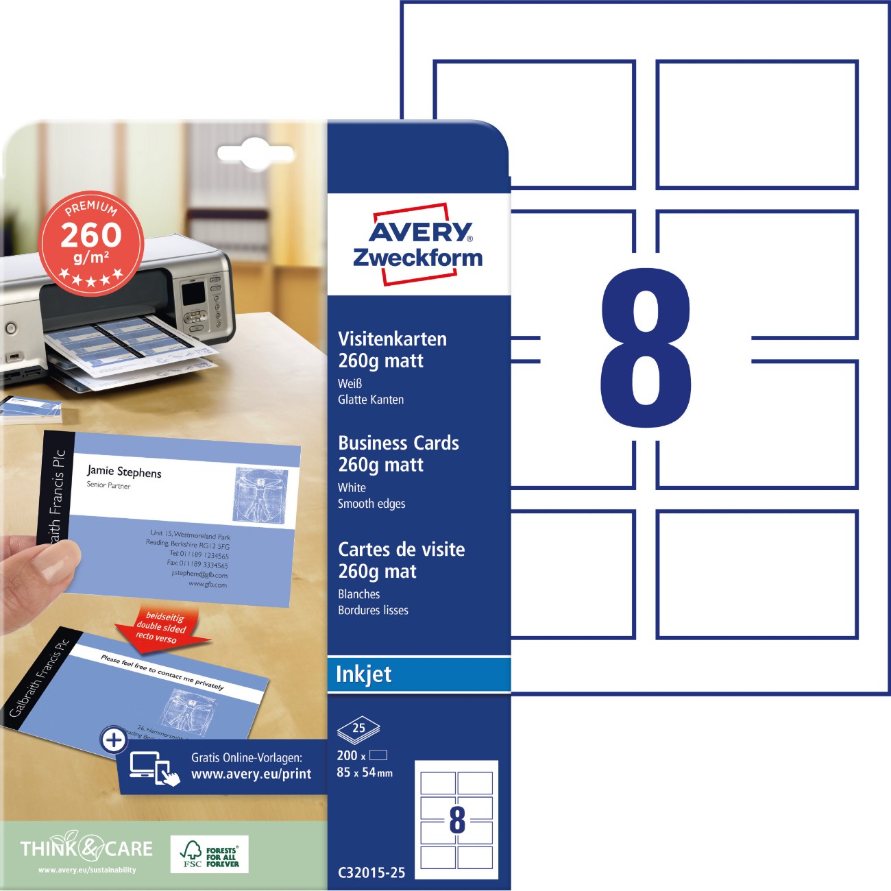 Avery Zweckform Avery Business Cards A4 260 Gsm White 25 Sheets Pack Of 8