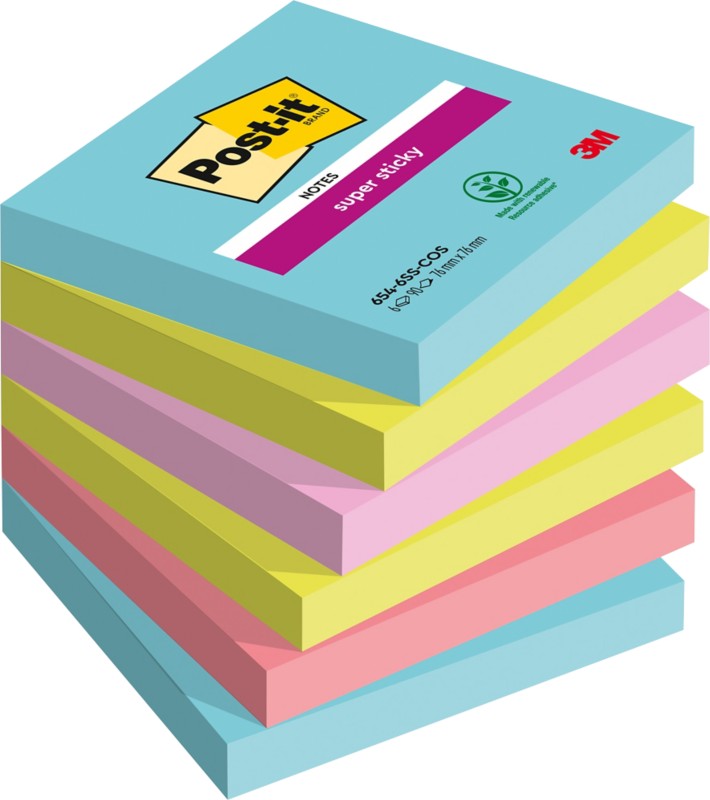 Post-it Cosmic Super Sticky Haftnotizen 76 x 76 mm Farbig Sortiert Quadratisch 6 Stück à 90 Blatt