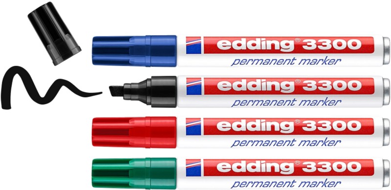 Thumbnail - edding 3300 Permanentmarker Breit Keilspitze 1 - 5 mm Farbig sortiert Nachfüllbar Wasserbeständig 4 Stück