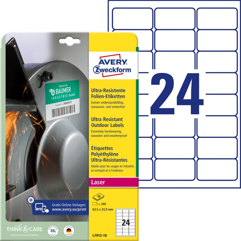 AVERY Zweckform Ultra-Resistent Etiketten L7912-10 Selbsthaftend DIN A4 Weiß 63,5 x 33,9 mm 10 Blatt à 24 Etiketten