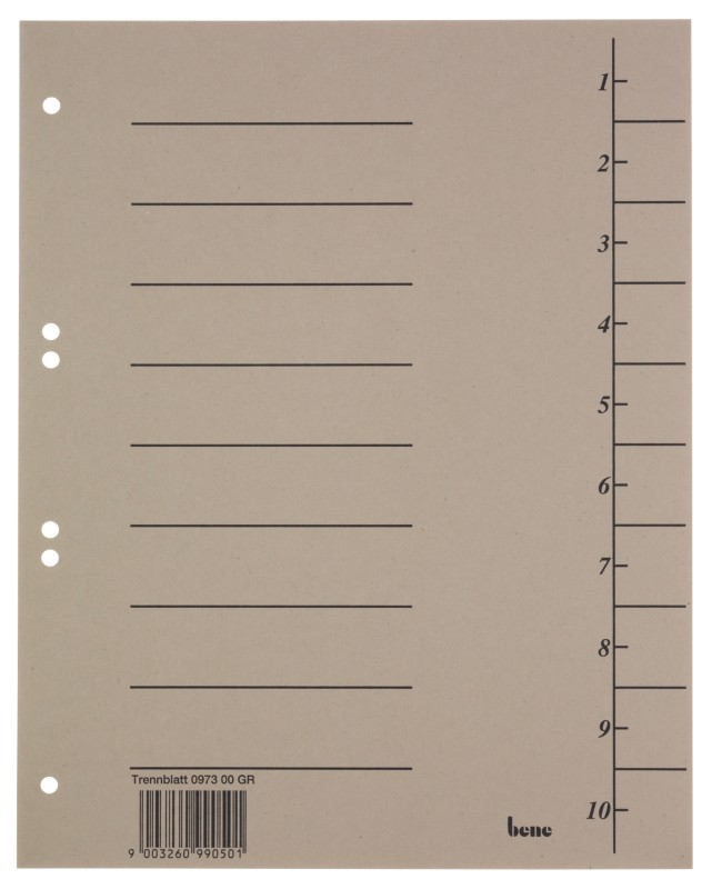 Bene Trend 1 bis 10 Trennblätter DIN A4 Grau 10-teilig Pappkarton 6 Löcher 100 Stück