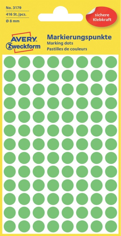 AVERY Zweckform Markierungspunkte 3179 Selbsthaftend Leuchtgrün 8 x 8 mm 4 Blatt à 104 Etiketten