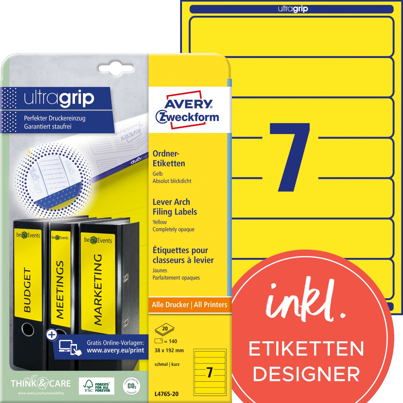 AVERY Zweckform Ordneretiketten L4765-20 Ultragrip Gelb DIN A4 38 x 192 mm 20 Blatt à 7 Etiketten