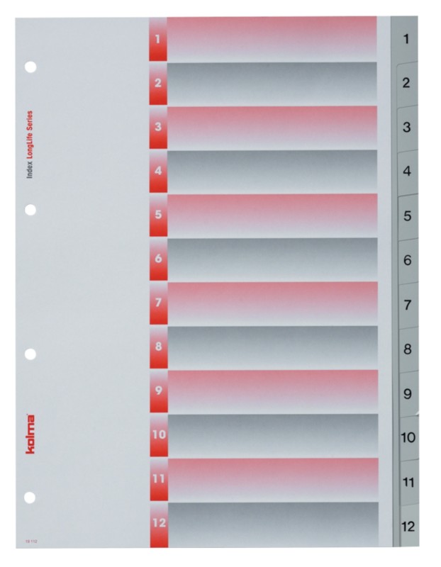 Kolma Register DIN A4 hoch Grau, Rot 12-teilig Perforiert Kunststoff 1 bis 12 12 Blatt