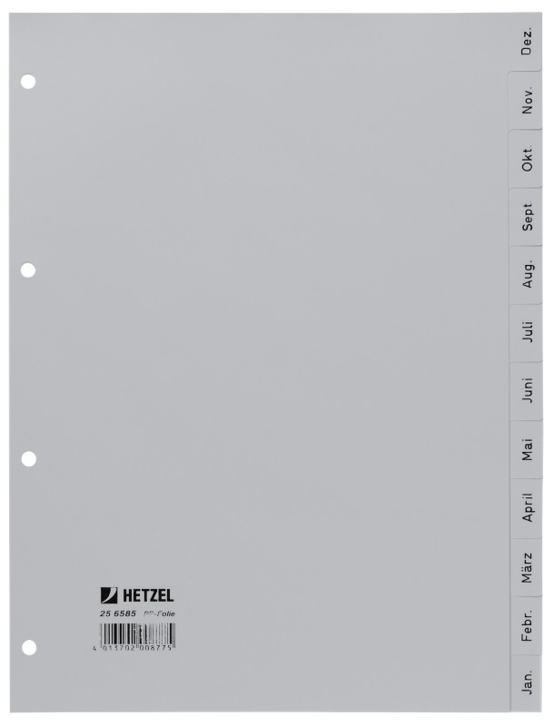 Hetzel Register DIN A4 Grau 12-teilig Perforiert PP (Polypropylen) Dez - Jan