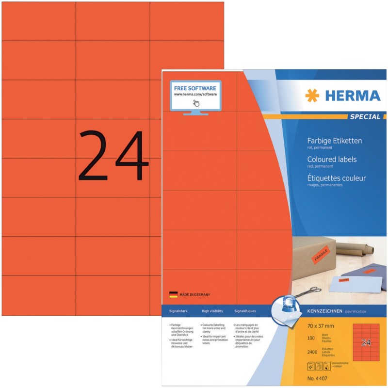 Thumbnail - HERMA 4407 Multifunktionsetiketten SuperPrint Rot Rechteckig 2400 Etiketten pro Packung